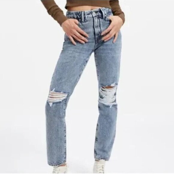 Good American Good Classic Denim Distressed Jeans Size 30 NWT Acid Wash - Picture 1 of 11
